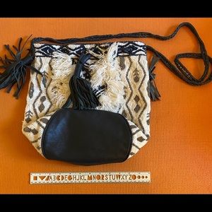 Navy leather creme chenille silver beaded bag